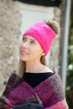 Hat Pearly Glister Cable Faux Pom Pom Hat HL20-F23 - Vera Tucci OriginalsAccessories RASPBERRY